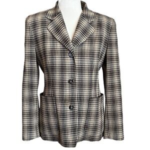 Emanuel Ungaro Classic Plaid Blazer Size 2 Petite Camel Beige Brown Vintage